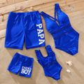 Family Matching Solid Fishnet Spliced One-Piece Swimsuit and Letter Print Swim Trunks Shorts PrussianBlue image 1
