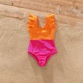 Colorblock Spliced Deep V Neck Ruffle Trim One-Piece Swimsuit for Mom and Me Orange