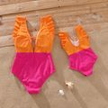 Colorblock Spliced Deep V Neck Ruffle Trim One-Piece Swimsuit for Mom and Me Orange