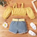 2pcs Toddler Girl Plaid Cold Shoulder Puff-sleeve Yellow Camisole and Belted Ripped Denim Jeans Set Yellow