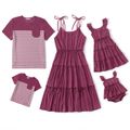 Family Matching Solid Tiered Tie Shoulder Cami Dresses and Short-sleeve Striped Spliced T-shirts Sets Purple image 1