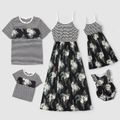 Family Matching 100% Cotton Stripe Splicing Floral Print Cami Dresses and Short-sleeve T-shirts Sets Black/White image 1