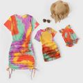 Tie Dye Round Neck Short-sleeve Ruched Drawstring Bodycon Dress for Mom and Me Colorful image 1