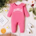 Baby Girl 95% Cotton Ruffle Long-sleeve Letter Print Jumpsuit Dark Pink