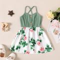 Baby Girl Button Front Rib Knit Spliced Floral Print Cami Dress GrayGreen