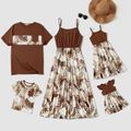 Family Matching Solid Spliced Palm Leaf Print Cami Dresses and Short-sleeve T-shirts Sets Brown image 1