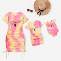 Love Heart & Letter Print Tie Dye Short-sleeve Ruched Drawstring Bodycon Dress for Mom and Me Pink image 1