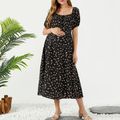 Maternity Floral Print Tie Square Neck Short-sleeve Dress Black