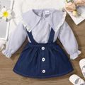 2pcs Toddler Girl Statement Collar Stripe Long-sleeve Blouse and Suspender Denim Skirt Set Blue image 1