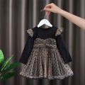 Kid Girl Ruffled Polka dots Mesh Design Long-sleeve Dress Black