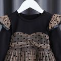 Kid Girl Ruffled Polka dots Mesh Design Long-sleeve Dress Black