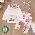 3pcs Baby Girl 95% Cotton Long-sleeve Hoodie and Floral Print Pants with Headband Set White