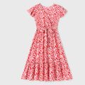 Allover Floral Print Surplice Neck Ruffle Hem Short-sleeve Dress for Mom and Me Hot Pink