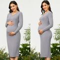 Maternity Simple Solid Ribbed Long-sleeve Dress Bluish Grey
