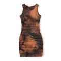 Family Matching Brown Tie Dye Ruched Bodycon Tank Dresses and Short-sleeve T-shirts Sets Brown