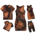 Family Matching Brown Tie Dye Ruched Bodycon Tank Dresses and Short-sleeve T-shirts Sets Brown
