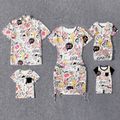 Family Matching Allover Print Drawstring Ruched Bodycon Dresses and Short-sleeve Tops Sets White