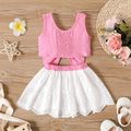 2pcs Baby Girl 100% Cotton Bow Front Tank Crop Top and Eyelet Embroidered Skirt Set PinkyWhite image 2