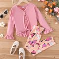 2pcs Kid Girl V Neck Tie Knot High Low Long-sleeve Pink Tee and Butterfly Print Leggings Set Dark Pink image 1