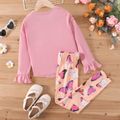 2pcs Kid Girl V Neck Tie Knot High Low Long-sleeve Pink Tee and Butterfly Print Leggings Set Dark Pink image 5