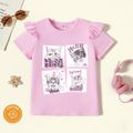 Kid Girl Letter Animal Cat Print Ruffled Short-sleeve Pink Cotton Tee Light Pink image 1