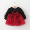 Toddler Girl Bowknot Glitter Design Mesh Splice Long-sleeve Dress Black image 1