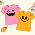 Kid Girl Halloween Face Graphic Print Ruffled Short-sleeve Cotton Tee Orange