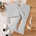 2pcs Kid Girl Cable Knit Textured Button Design Long-sleeve Tee and Flared Pants Set Grey