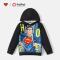 Superman Kid Boy Letter Figure Print Black Hooded Sweatshirt Black