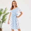 Nursing Floral Print Belted Short-sleeve Dress BLUEWHITE