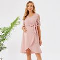 Maternity Guipure Lace Insert Short-sleeve Tulip Hem Belted Dress Pink
