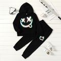 2pcs Kid Boy Reflective Face Graphic Print Black Hoodie Sweatshirt and Pants Set Black image 1