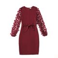 Dark Red 3D Floral Applique Decor Mesh Long-sleeve Belted Pencil Dress for Mom and Me darkred