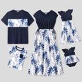Family Matching Solid Spliced Allover Palm Leaf Print Drawstring Dresses and Short-sleeve T-shirts Sets Blue
