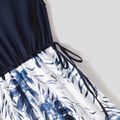 Family Matching Solid Spliced Allover Palm Leaf Print Drawstring Dresses and Short-sleeve T-shirts Sets Blue