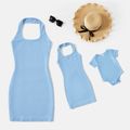 Blue Rib Knit Halter Backless Sleeveless Bodycon Dress for Mom and Me Blue image 1
