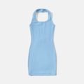 Blue Rib Knit Halter Backless Sleeveless Bodycon Dress for Mom and Me Blue