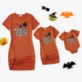 Halloween Leopard Pumpkin Print Short-sleeve Twist Knot Bodycon T-shirt Dress for Mom and Me Orange