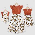 Mommy and Me 100% Cotton Flutter-sleeve Solid Spliced Allover Butterfly Print Ruffle Hem Dress YellowBrown image 1