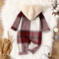 Baby Boy Fluffy Hooded Spliced Plaid Long-sleeve Zip Jumpsuit REDWHITE