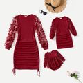 Mommy and Me 3D Floral Applique Mesh Long-sleeve Rib Knit Drawstring Ruched Bodycon Dress WineRed