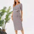 Maternity Stripe Belted Short-sleeve Dress darkpink