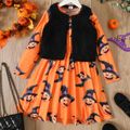 2pcs Kid Girl Halloween Graphic Print Long-sleeve Dress and Fleece Vest Set Colorful