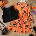 2pcs Kid Girl Halloween Graphic Print Long-sleeve Dress and Fleece Vest Set Colorful