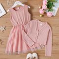 2pcs Kid Girl Mesh Splice Sleeveless Pink Dress and Textured Cardigan Set Light Pink image 1