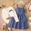 2pcs Kid Girl Polka dots Layered Denim Slip Dress and Bowknot Design Cardigan Set BLUEWHITE image 1
