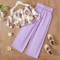 2pcs Kid Girl Floral Print Short-sleeve Tee and Purple Belted Wide Leg Pants Set Purple