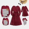 Family Matching 95% Cotton Striped Spliced T-shirts and Solid Surplice Neck Long-sleeve Dresses Sets Deep Magenta
