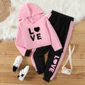 2pcs Kid Girl Letter Print Colorblock 3D Heart Design Hoodie Sweatshirt and Elasticized Pants Set Pink image 1