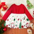 Christmas Baby Girl Bow Front Solid Long-sleeve Spliced Print Dress Red-2 image 3